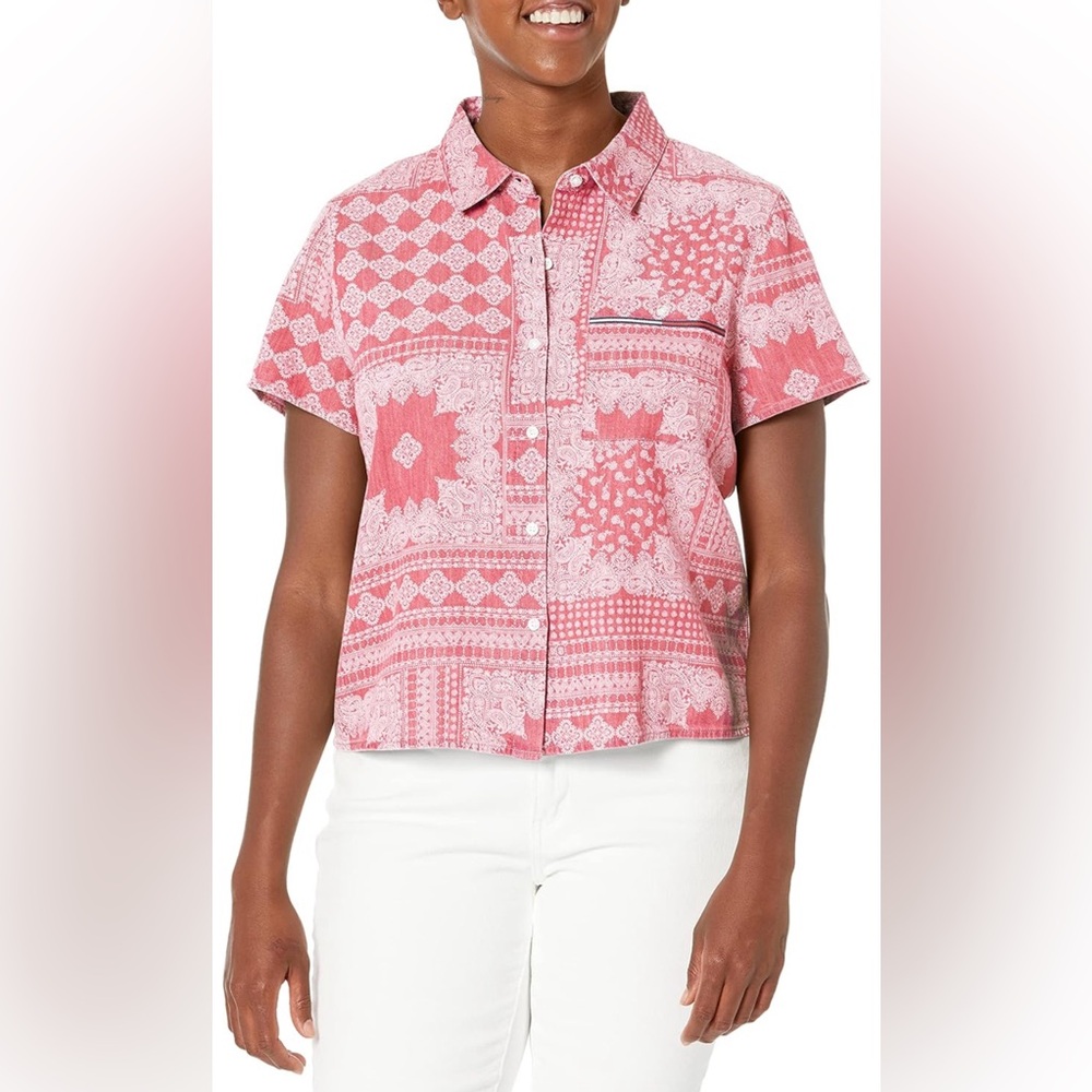Tommy Hilfiger Women's Collared Shirt Button Up Bandana Chambray Shirt